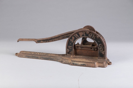 Antique cast iron Tobacco Cutter advertising "Browns Mule" / R.J.R. TOB Co.", in good condition reta