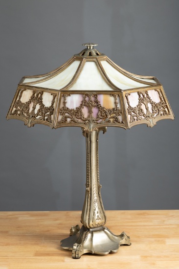 Antique "Bradley & Hubbard" marked bent panel Table Lamp with 21" serpentine shade and filigreed pan