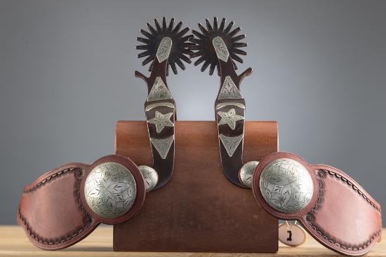 Pair of "Bill Adamson" marked double mounted Spurs with hand engraved overlay, Del Rio star and cres