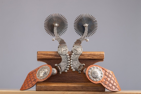 Awesome pair of Lytle & Mower double mounted Spurs with hand engraved silver overlay and beaded silv