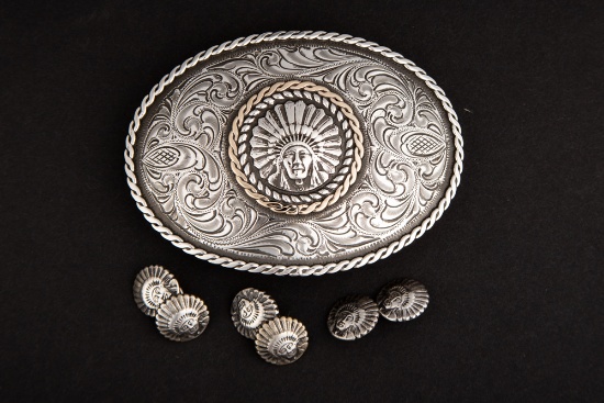 "E.H. Bohlin" marked, "14KT" Oval Buckle with rope twist border, sterling and gold raised Indian Hea