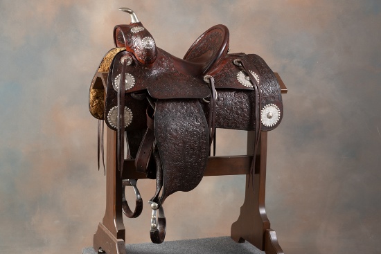 Fine Hamley Saddlery Custom Show Saddle. Sterling and gold mounted clover and flower tooled Show Sad