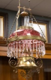 Beautiful Victorian brass & cranberry Hanging Light Fixture, circa 1880s-90s, with fancy brass filig