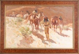 Large Oil Painting on board of a group of Apache Indians, unsigned but very well done. Mounted in ga