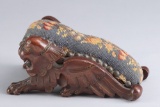 Antique Victorian carved walnut miniature Gout Stool, circa 1880-1890, with carved winged lions supp