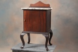 True matching pair of antique mahogany Bedside Stands (one left, one right) with marble tops, hide a