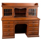 Antique oak, two-piece flat top Writing Desk, circa 1910, with very unusual oak and leaded glass sta