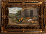 Large Oil on Canvas Painting in elaborate shadow box frame. Painting is an unsigned Farm Yard Scene.