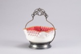 Beautiful Victorian silver and glass Brides Basket, circa 1880-1890, with cased glass cranberry/whit