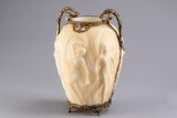 Footed, embossed Phoenix Glass Art Nouveau Vase in custom fitted embossed brass double handle stand.