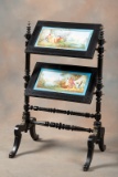 Early Victorian adjustable Fire Screen finished in black lacquer with bronze fittings. The two panel
