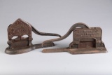 Two antique cast iron Tobacco Cutters: One is advertising 
