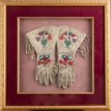 Wild West Style Beaded Gauntlets believed to be doeskin with full fringe in a gold gilt shadow box f
