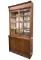 Antique oak one-piece step front, sliding glass door Wall Cabinet, circa 1920s, with glass sliding d