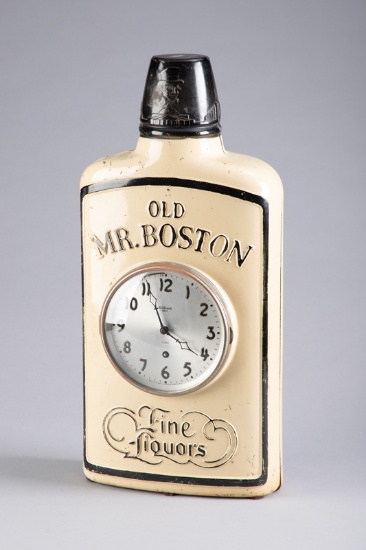 Antique "Old Mr. Boston Fine Liquors" metal Advertising Clock, 8-day key wind movement, made by "Gil