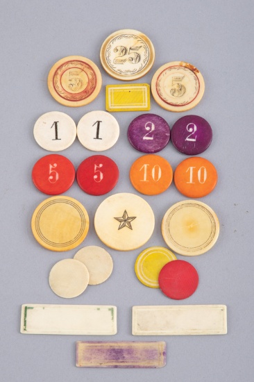 Collection of 22 vintage miscellaneous Poker Chips, some are multi-colored, some have numbers. WILL