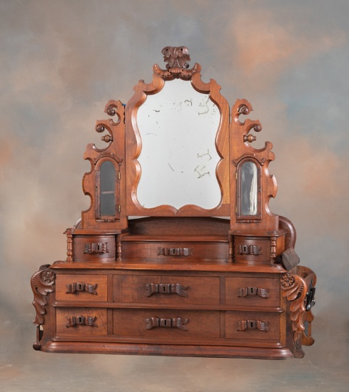 Walnut Victorian Style Antique Traveling Jewelry Chest / Shaving Mirror. Chest has nine drawers with