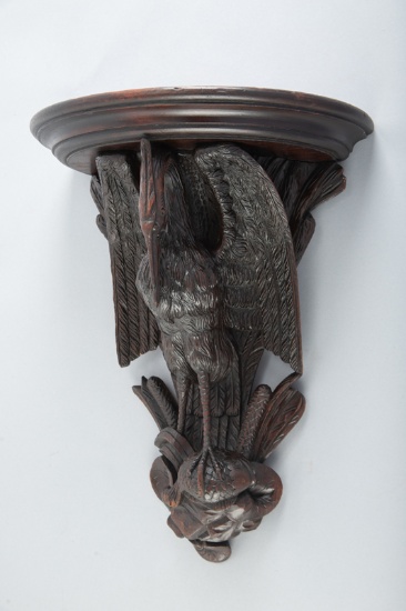 Antique Black Forest Hand Carved Wall Shelf with full carved Crane holding fish, 17 1/2" T x 13 3/4"