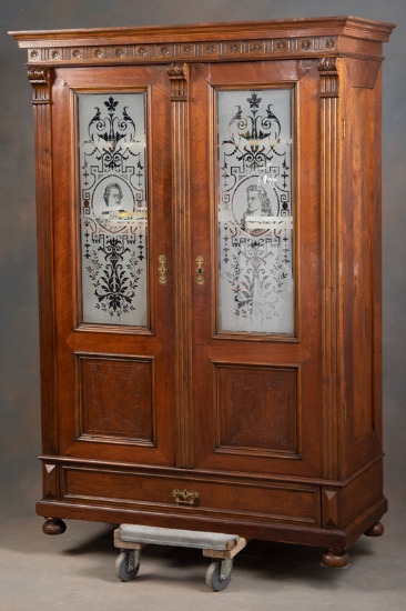 Antique double door walnut Bookcase, circa 1890s, with full length etched glass panels in top, carve