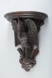 Antique Black Forest Hand Carved Wall Shelf with full carved Crane holding fish, 17 1/2