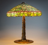 Large & beautiful antique Leaded Glass Table Lamp with bronze base attributed to Duffner & Kimberly,