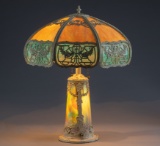 Antique curved glass Table Lamp with desirable lighted base, circa 1920s, appears to be in original