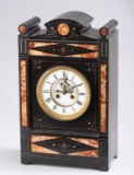 Beautiful antique French Marble Parlor / Mantle Clock with two-color marble inlay in front, 5 1/2