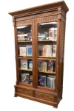 Victorian burl walnut double door, glass front Bookcase with step front drawered base, circa 1880s-1