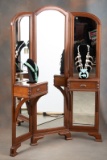 Unique folding walnut Dressing Mirror with double pull out drawers with carved pulls, circa 1920s, d