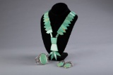 Fantastic turquoise Jewelry Ensemble with carved Necklace, large turquoise stone Cuff and matching E