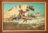 Giclee on Canvas signed lower right (not legible), of an Apache Horse Raid, measures 29