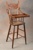 Antique pressed back Childs High Chair with solid oak seat and original tray, circa 1915-1920, very