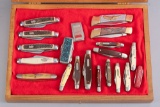 Wooden Collector Box that consists of 20 Folding Knives, mixed makers. WILL BE SOLD AS ONE LOT. BUDD