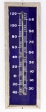 Vintage wooden framed, raised cobalt blue porcelain Thermometer, very good condition. Frame appears
