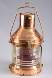 Large hanging brass & copper Ships Lantern with label on front that reads 