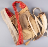 Vintage Elk Hide Shot Pouch with trades cloth type shoulder strap. Pouch has leather flap and is in