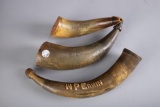 Collection of three early steer horn Powder Horns: (1) Scrimshaw carved with the name 