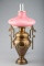 Fine antique Victorian Parlor Lamp, circa 1880s, in rich brass patina and the original pink cased gl