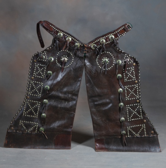 Pair of vintage "R.T. Frazier, Pueblo, Colo." marked, spotted bat wing Chaps, leather is supple, cha