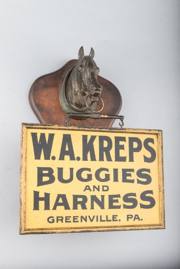 Unique vintage wall hanging Horse Head Advertisement for "W.A. Kreps/Buggies and Harness/Greenville,