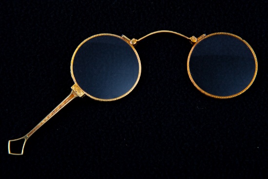 Pair of vintage "14Kt Gold" marked Folding Lorgnette (Spectacles) with etched handle. The Lorgnette