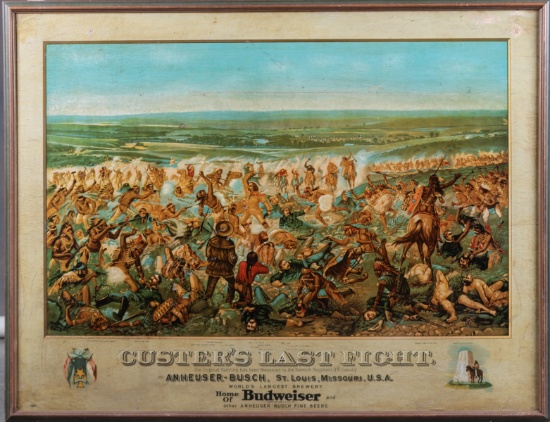 Original vintage framed Advertisement for Budweiser and Anheuser-Busch titled "Custer's Last Fight".