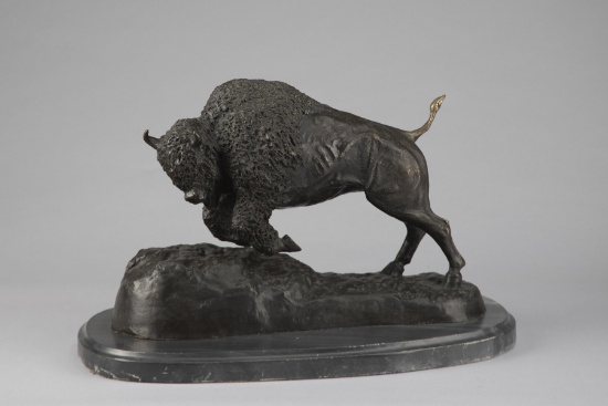 Heavy solid bronze Sculpture of Charging Buffalo marked "Frederick Remington, #3", attributed to Hen
