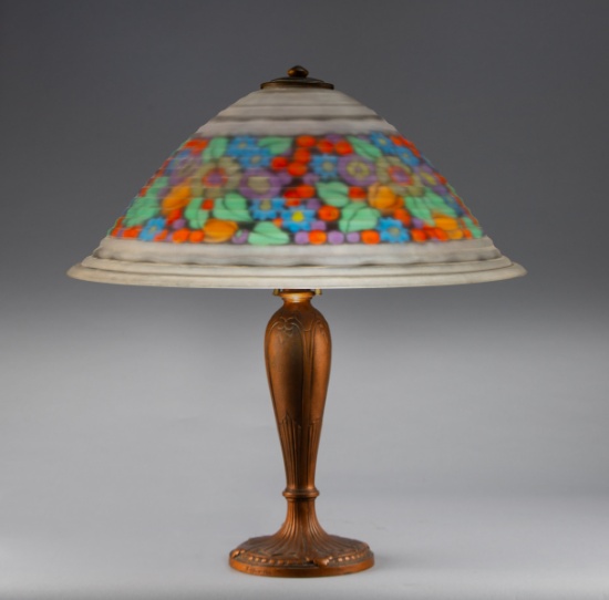 Antique reverse painted Table Lamp, base is marked in embossed letters "Jefferson" with 20" dia. sha