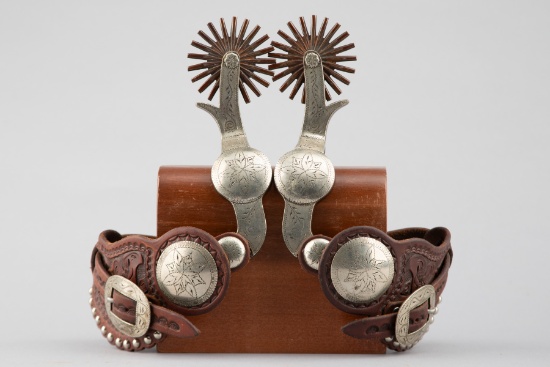 Fancy pair of "Crockett/Adamson" marked double mounted Spurs, hand engraved full mounting on one sid