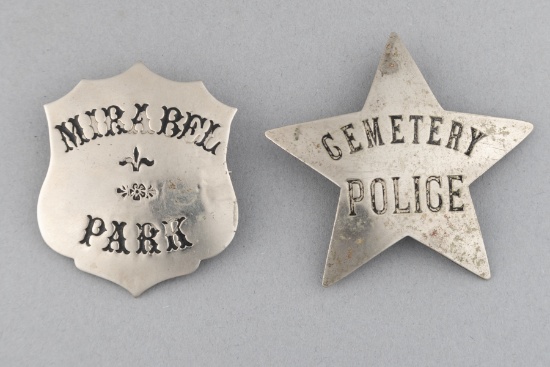 This lot consists of two Badges: (1) Mirabel Park Shield Badge, 2 1/2" T x 1 3/4" W, Hallmarked "Oak