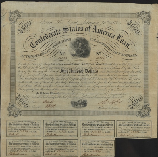 Two framed Documents: (1) $50.00 Bond for the Confederate States of America marked "Montgomery, May