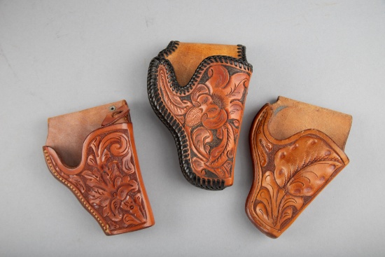 Group of three "S.D. Myres" marked tooled Holsters for 2 1/2" Colt or Smith Revolvers. One is marked