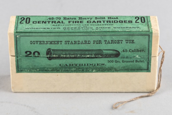 Antique unopened Box of Winchester .45/70 caliber Cartridges, totaling 20 rounds in picture Box, ver