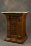 Antique oak carved Pedestal, circa 1900, carved on three sides with open back and shelves, excellent
